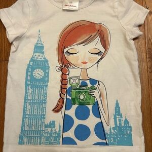 Hanna Andersson White Tee with Blue Polka Dress & Green Camera Graphic